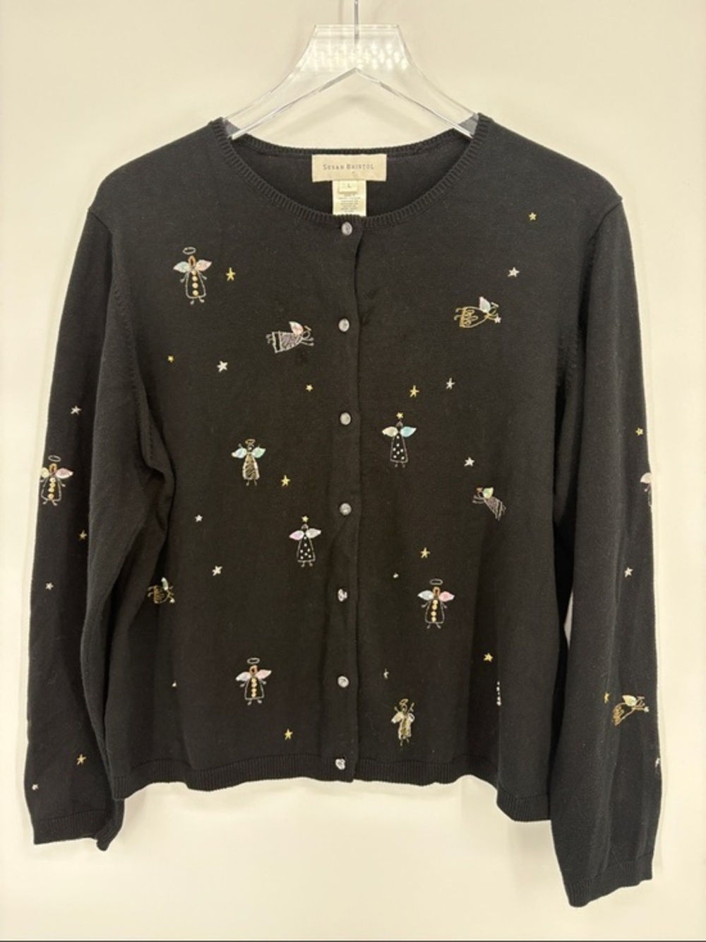 🐸 Susan Bristol Black Cardigan with beads Angel Embroidery